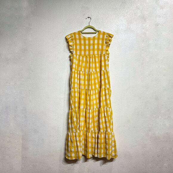 English Factory Yellow Textured Gingham Tiered Baby Doll Maxi Dress Sz M - Picture 2 of 12